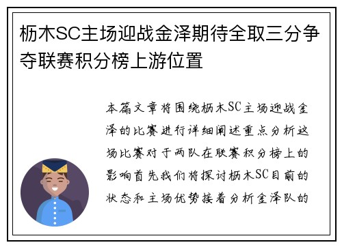 枥木SC主场迎战金泽期待全取三分争夺联赛积分榜上游位置